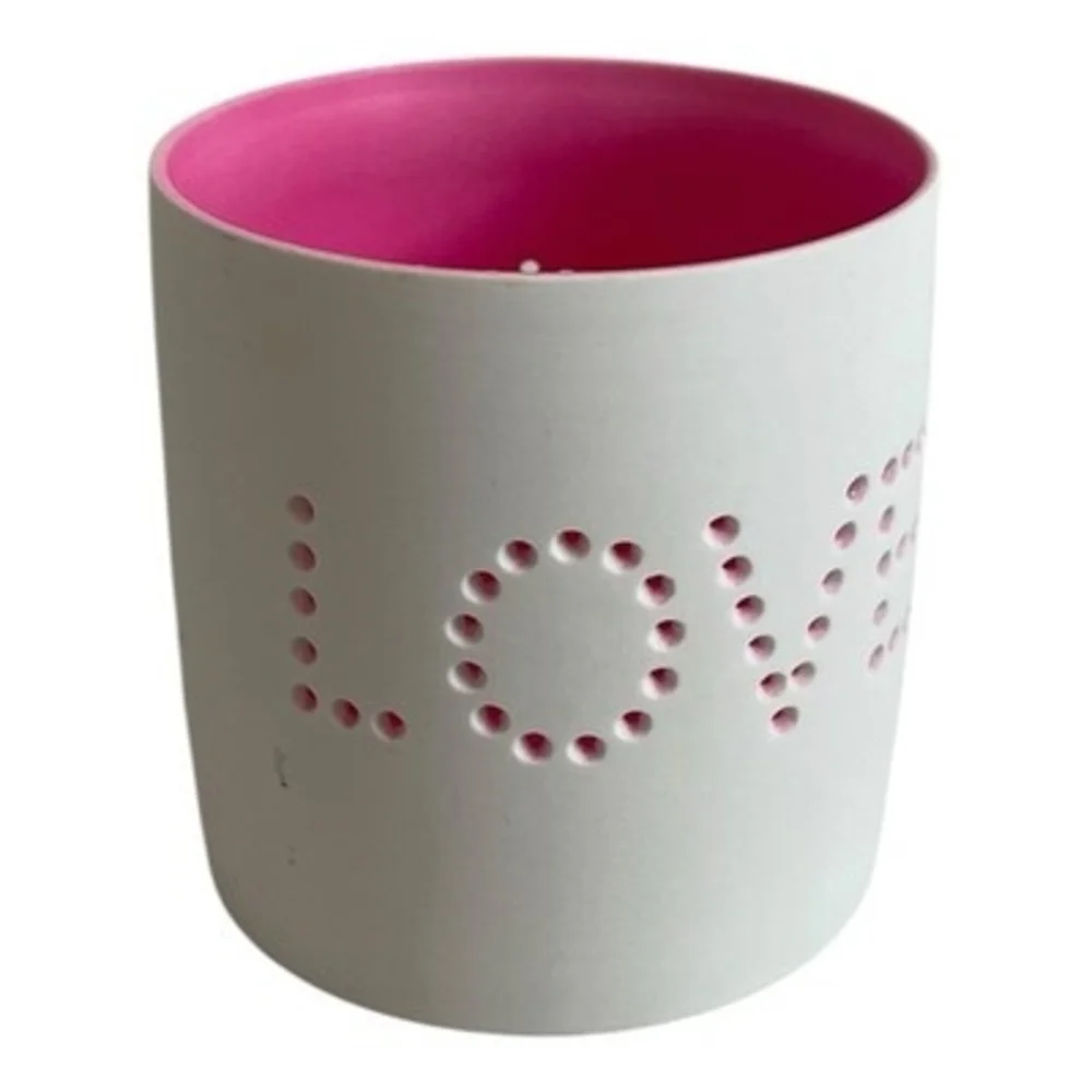 Holiday Lane LOVE Cutout Ceramic Votive Candle Holders Pink White Pair NWOT